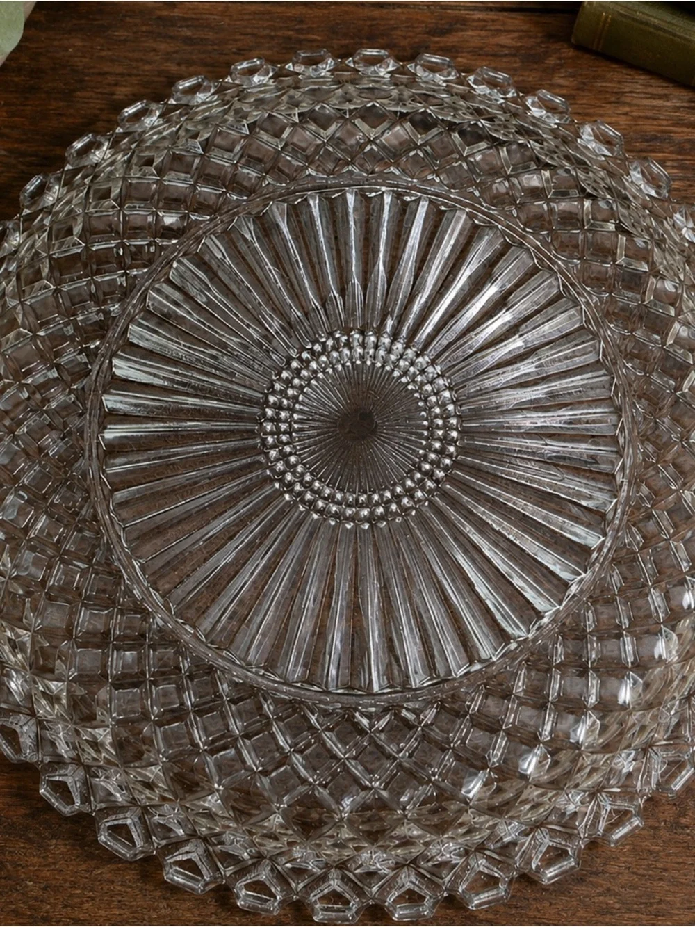 Vintage Clear Pressed Glass Serving Platter 12” Diamond Pattern Scalloped